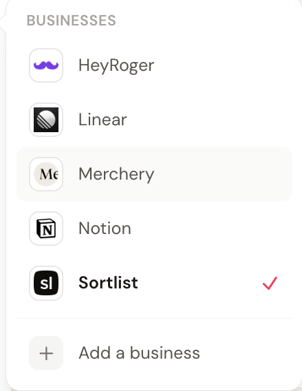 Max business switcher showing five client businesses with their company logos and Sortlist selected