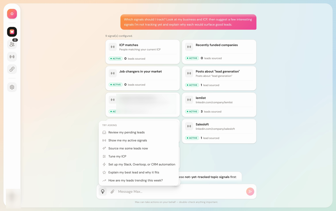 Max workspace showing active job-change, funding, topic and competitor signals