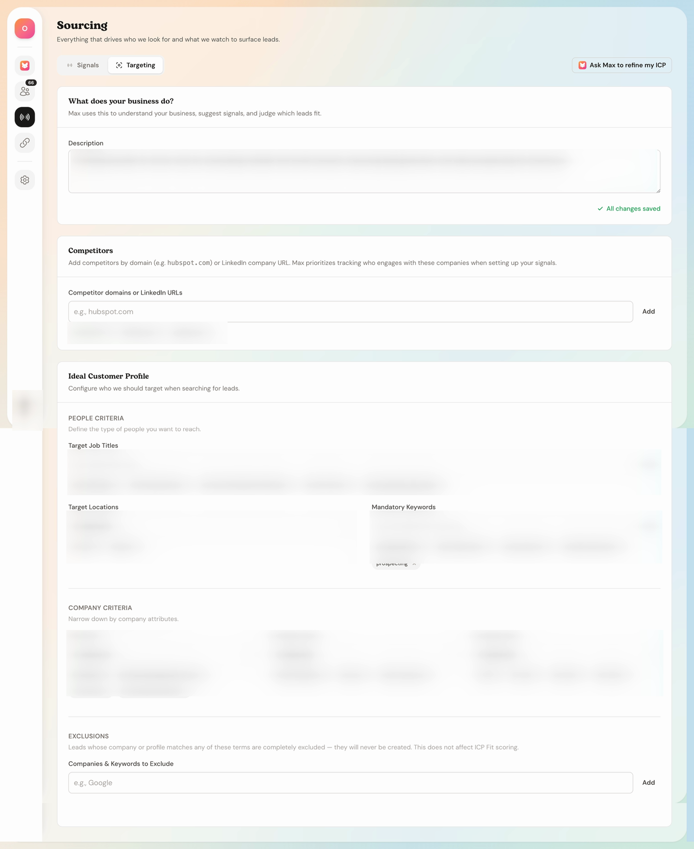 Max targeting screen for configuring an Ideal Customer Profile