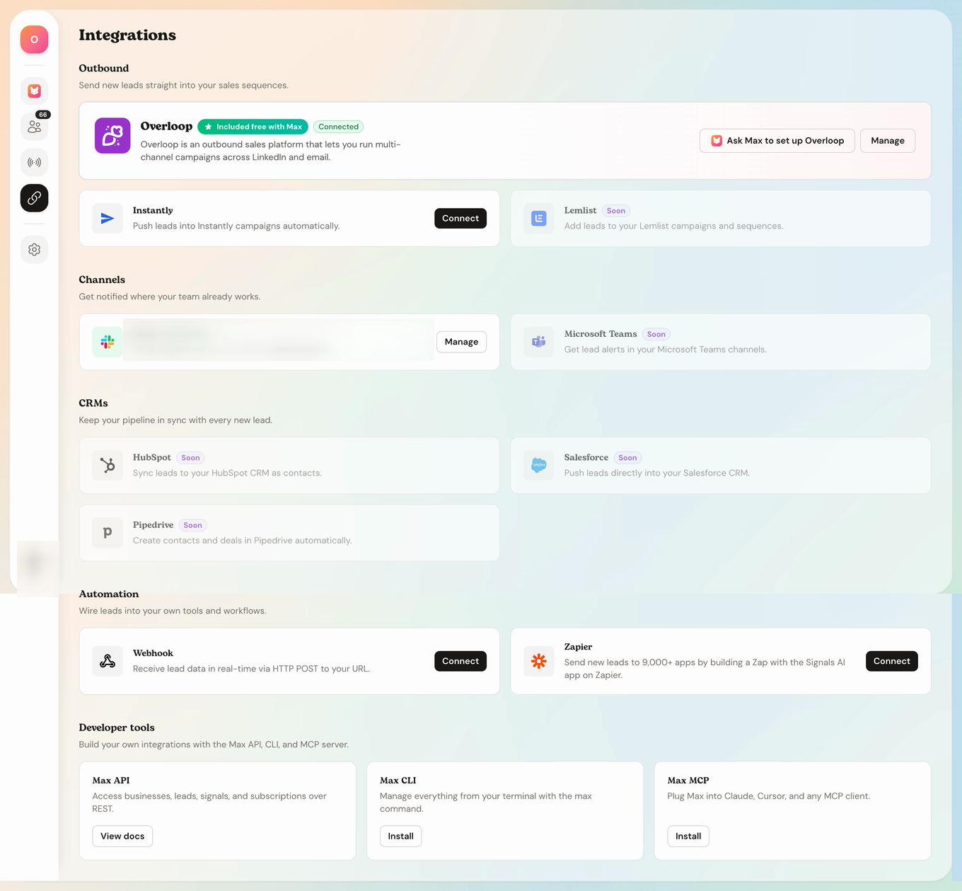 Max integrations screen with outbound, channel, CRM and automation connections